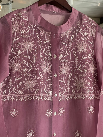 Turkish Rose Shade Noor Organza Chikankari Collar Ready To Wear Short Top