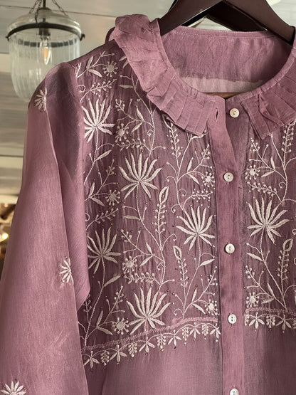 Turkish Rose Shade Noor Organza Chikankari Collar Ready To Wear Short Top