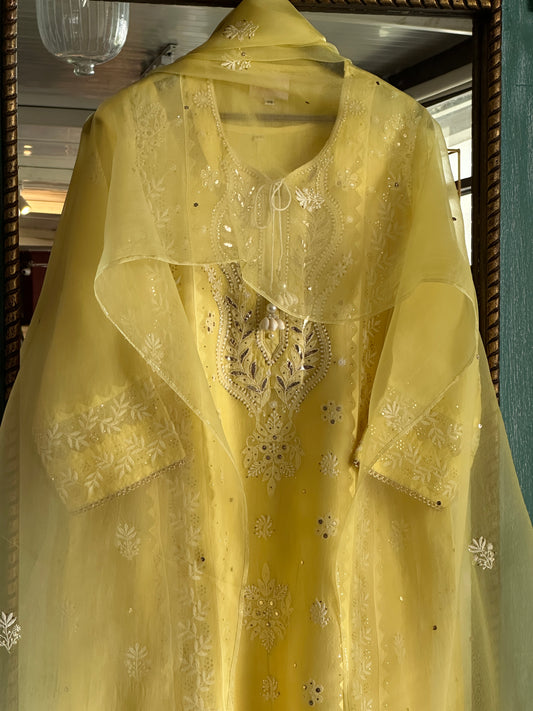 Turmeric Yellow Shade Noor Organza Chikankari Applique Kurta Set
