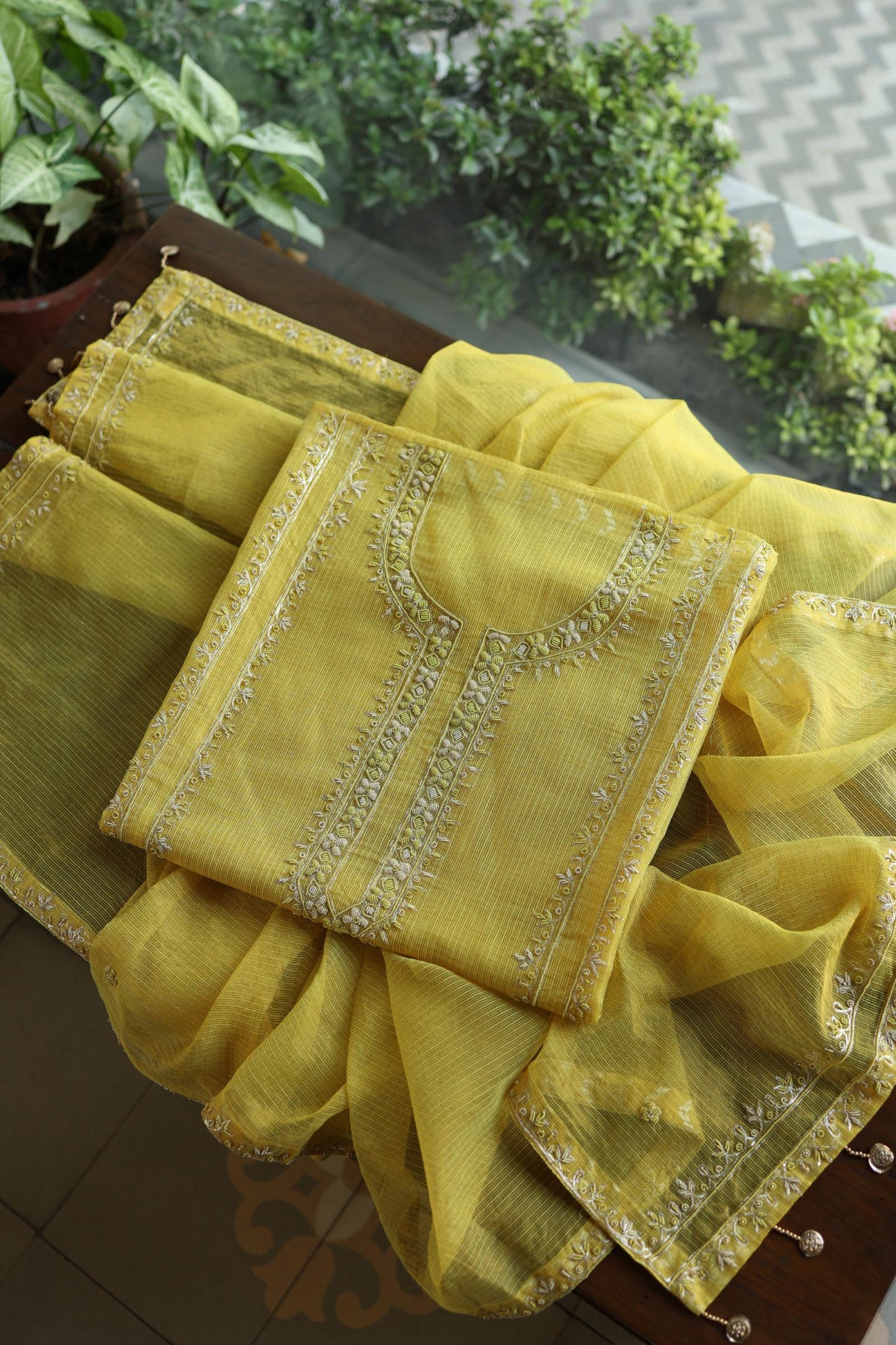 Turmeric Yellow Shade Shade Tissue Kota Chikankari Unstitched Fabric