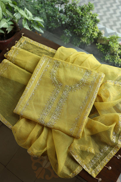 Turmeric Yellow Shade Shade Tissue Kota Chikankari Unstitched Fabric