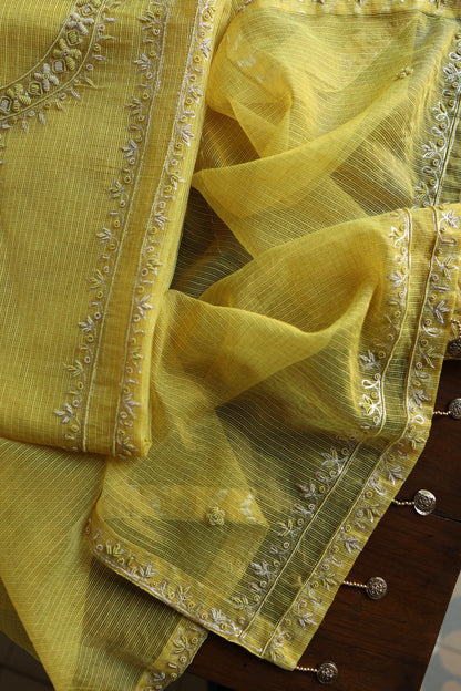 Turmeric Yellow Shade Shade Tissue Kota Chikankari Unstitched Fabric