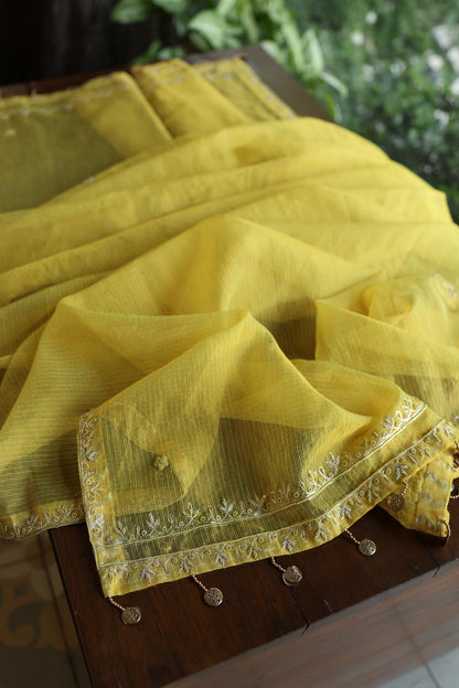 Turmeric Yellow Shade Shade Tissue Kota Chikankari Unstitched Fabric