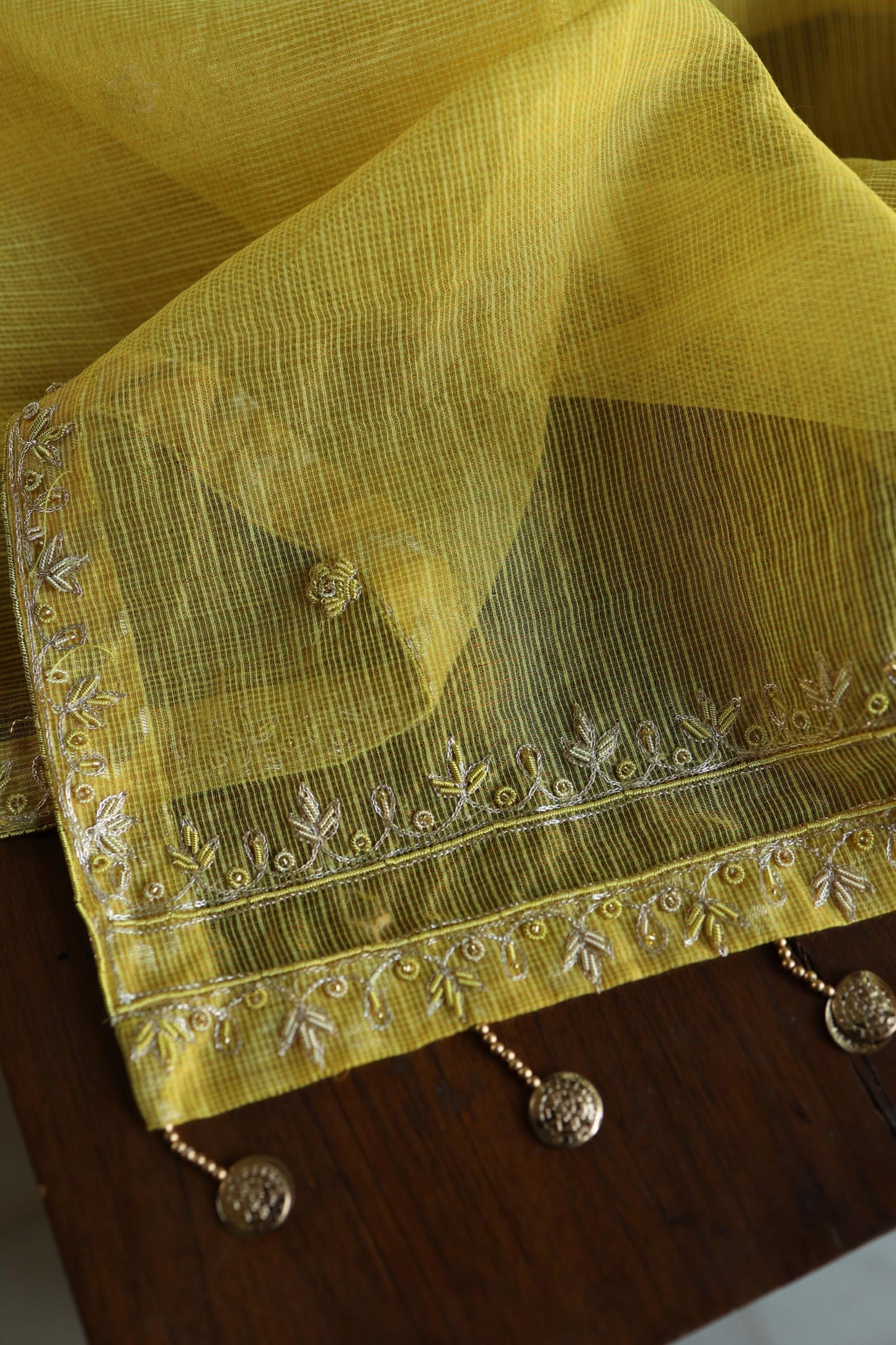 Turmeric Yellow Shade Shade Tissue Kota Chikankari Unstitched Fabric
