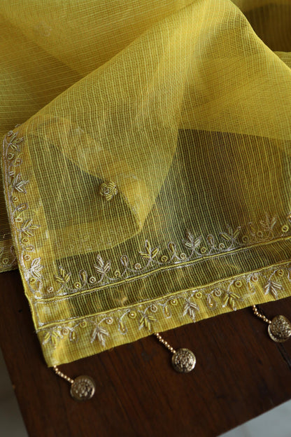 Turmeric Yellow Shade Shade Tissue Kota Chikankari Unstitched Fabric