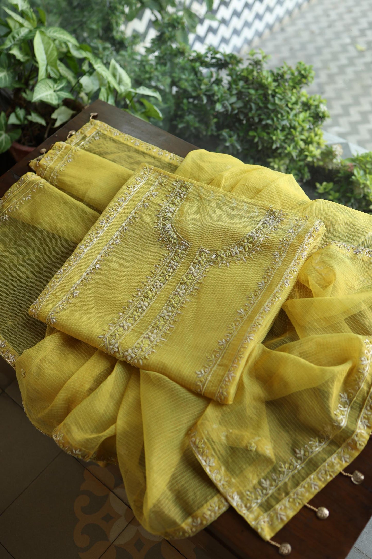 Turmeric Yellow Shade Shade Tissue Kota Chikankari Unstitched Fabric