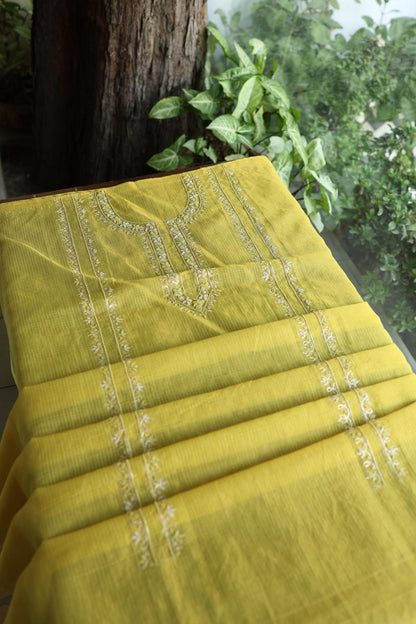 Turmeric Yellow Shade Shade Tissue Kota Chikankari Unstitched Fabric