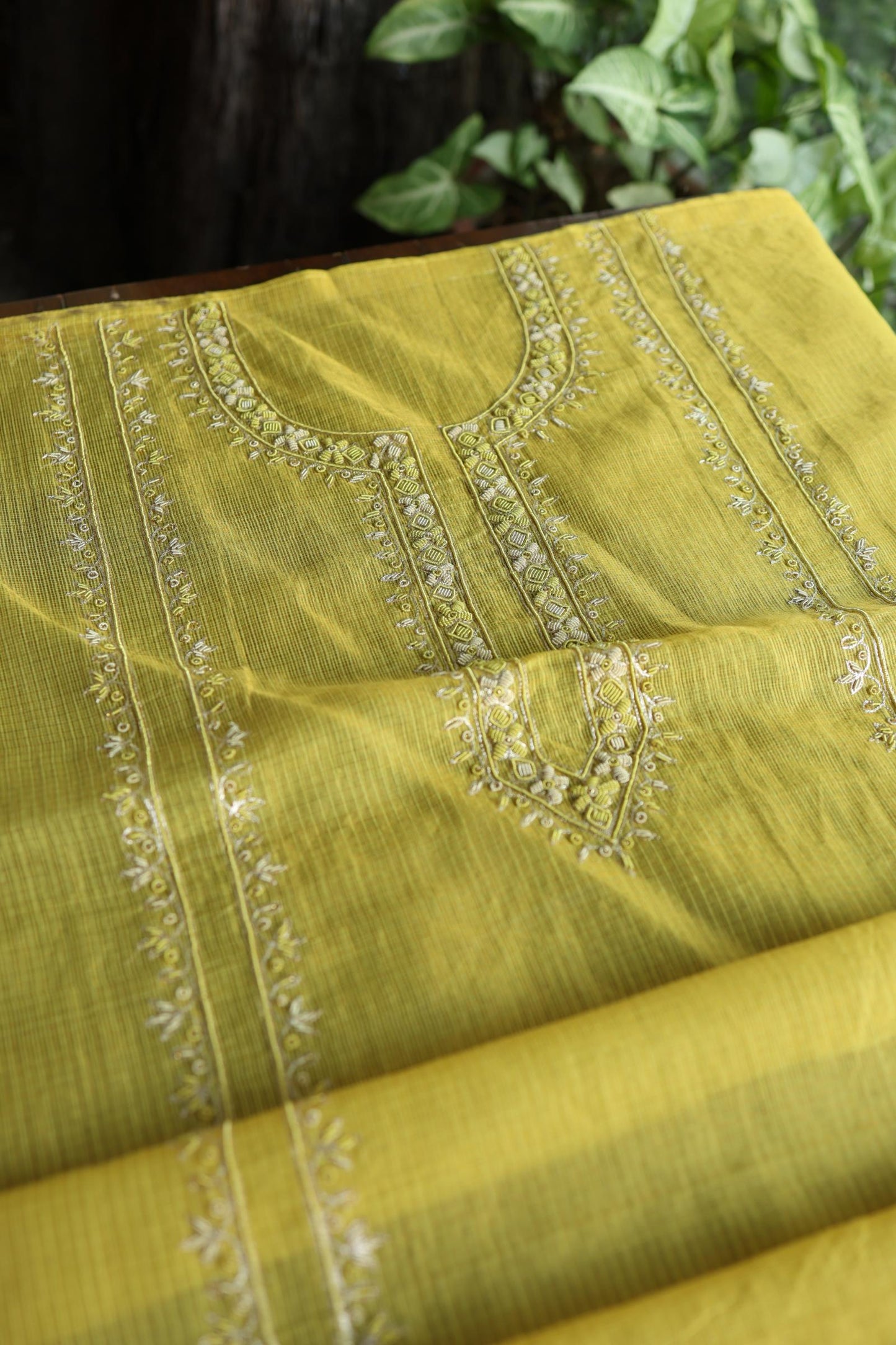 Turmeric Yellow Shade Shade Tissue Kota Chikankari Unstitched Fabric
