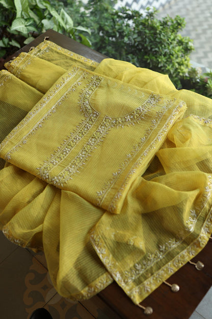 Turmeric Yellow Shade Shade Tissue Kota Chikankari Unstitched Fabric