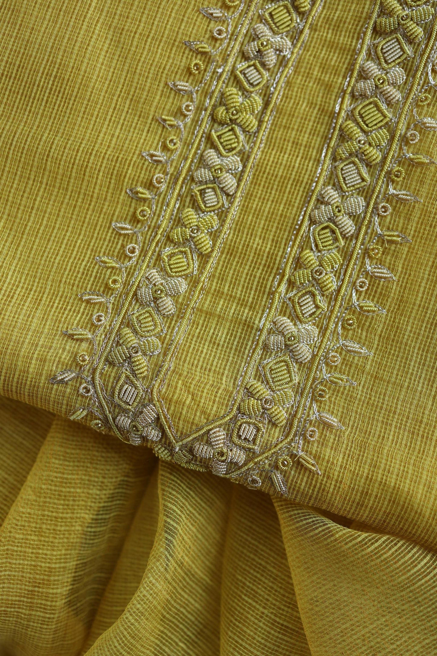 Turmeric Yellow Shade Shade Tissue Kota Chikankari Unstitched Fabric