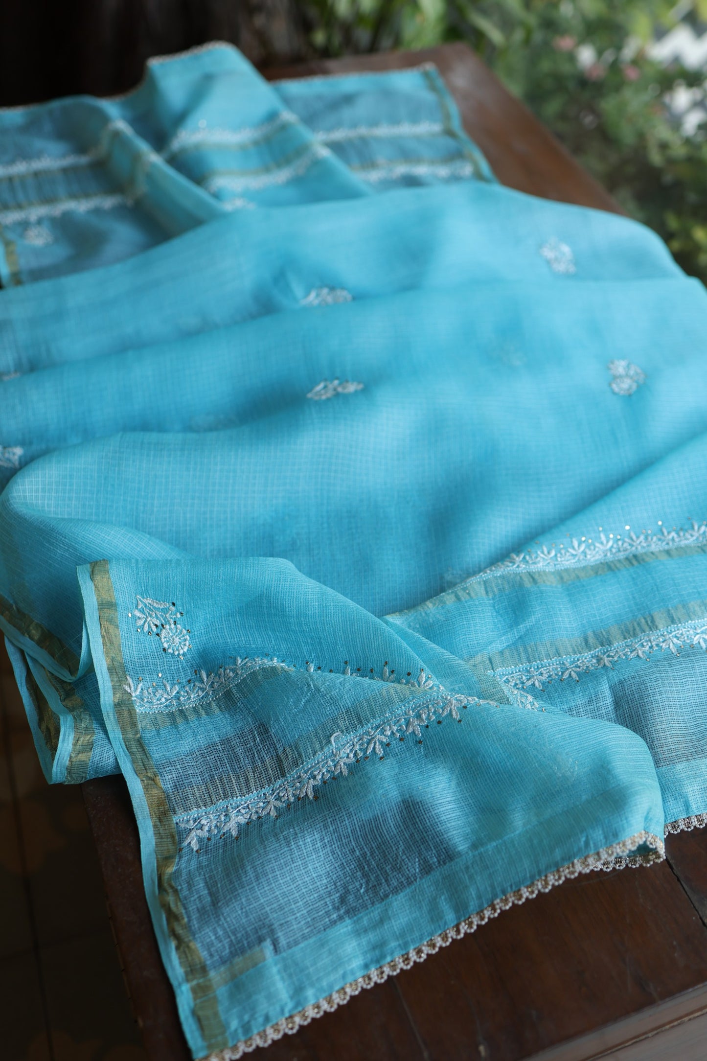 Turquoise Blue Rasm Kota Tussar Chikankari Unstitched Chikankari Fabric