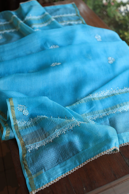 Turquoise Blue Rasm Kota Tussar Chikankari Unstitched Chikankari Fabric