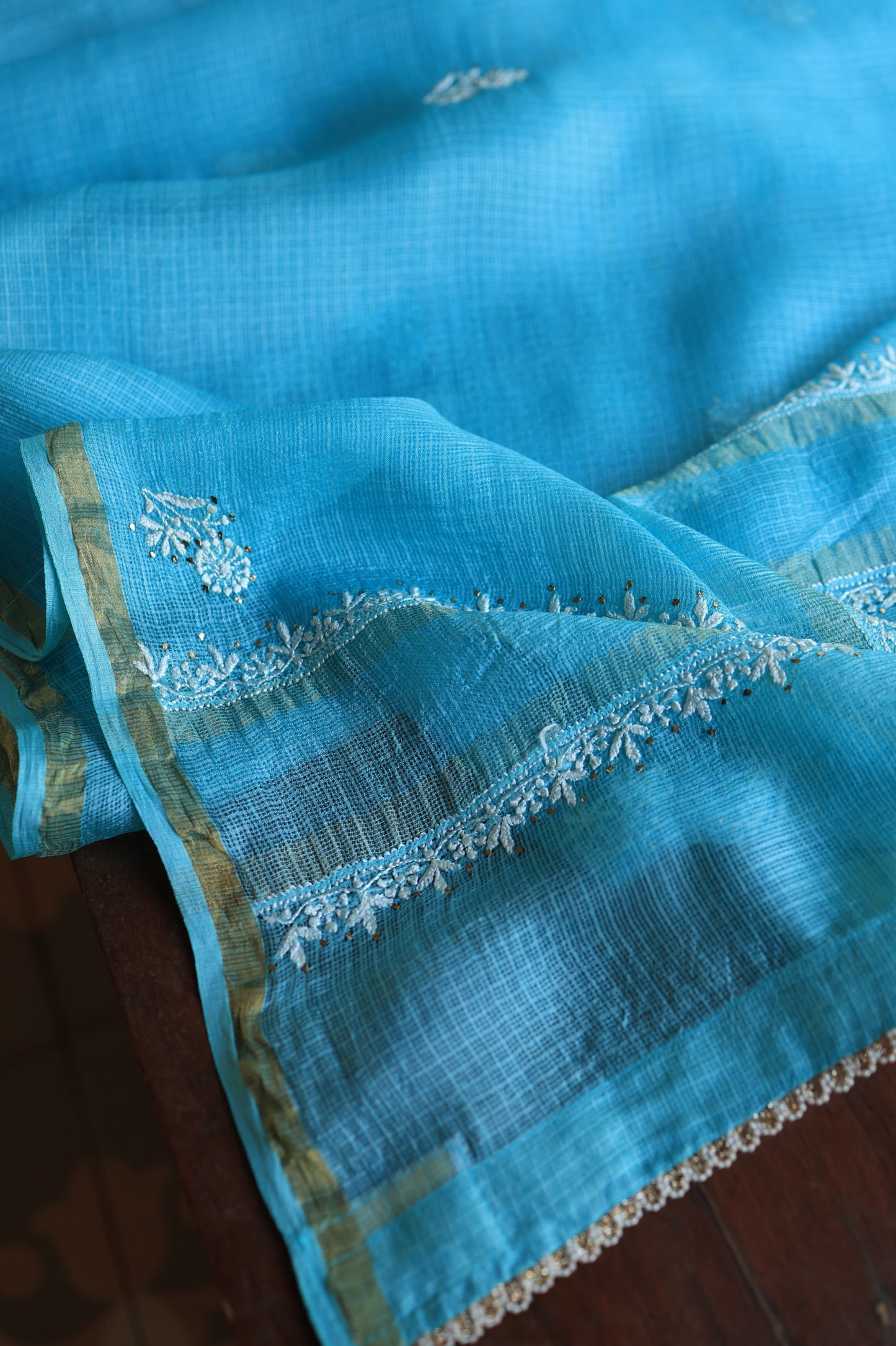 Turquoise Blue Rasm Kota Tussar Chikankari Unstitched Chikankari Fabric