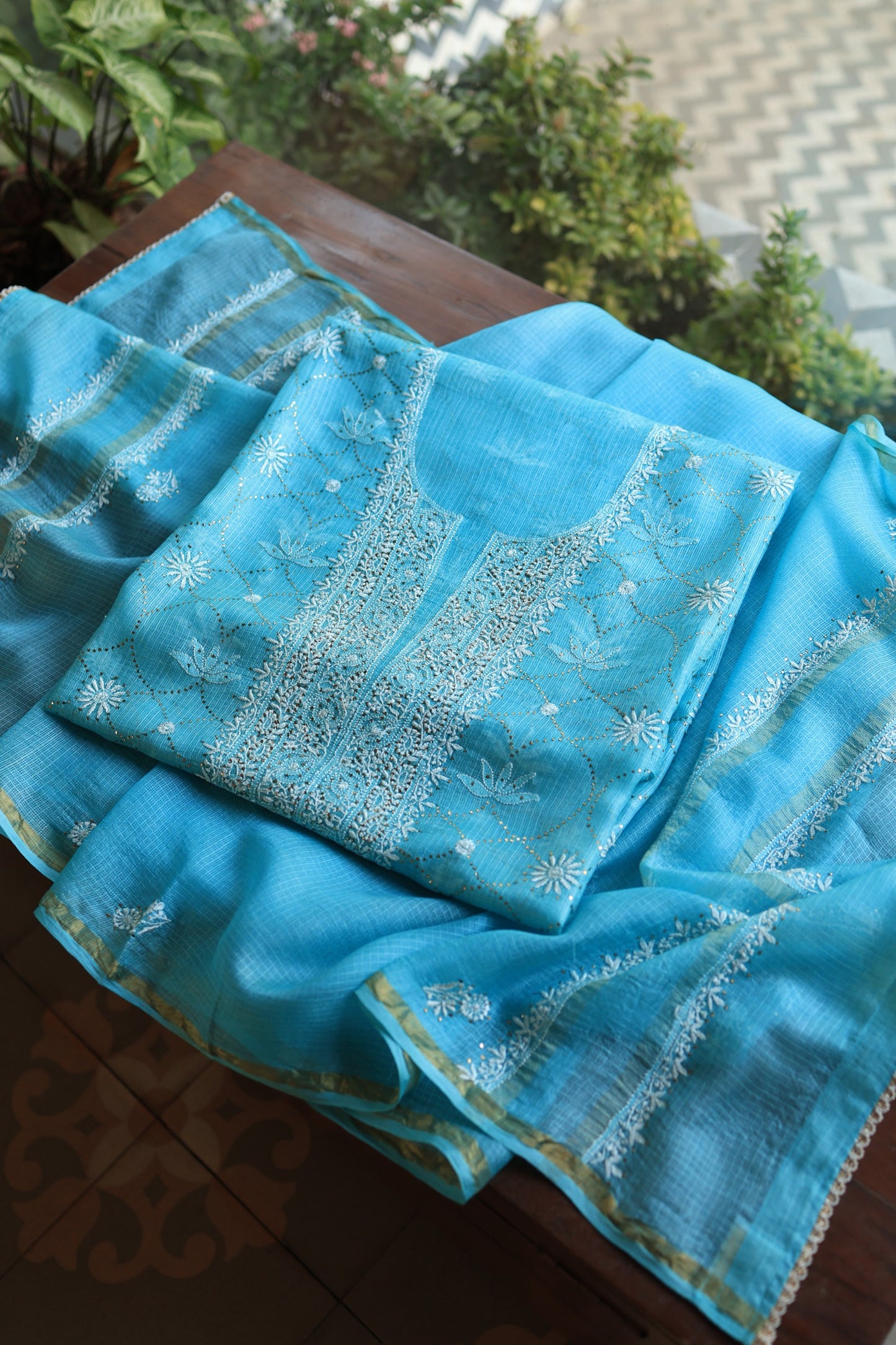 Turquoise Blue Rasm Kota Tussar Chikankari Unstitched Chikankari Fabric