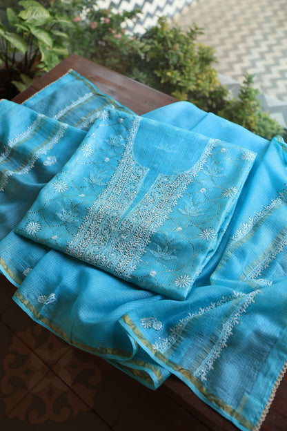 Turquoise Blue Rasm Kota Tussar Chikankari Unstitched Chikankari Fabric