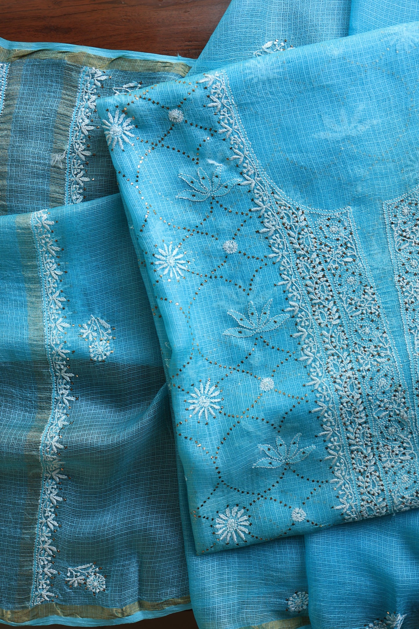 Turquoise Blue Rasm Kota Tussar Chikankari Unstitched Chikankari Fabric