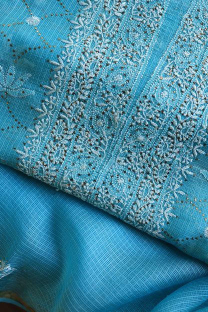 Turquoise Blue Rasm Kota Tussar Chikankari Unstitched Chikankari Fabric