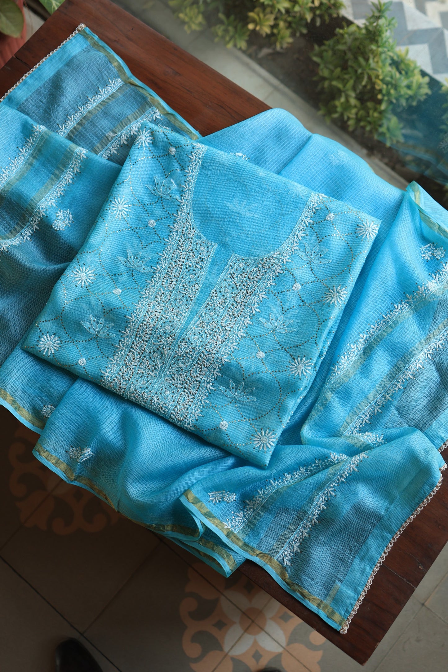 Turquoise Blue Rasm Kota Tussar Chikankari Unstitched Chikankari Fabric