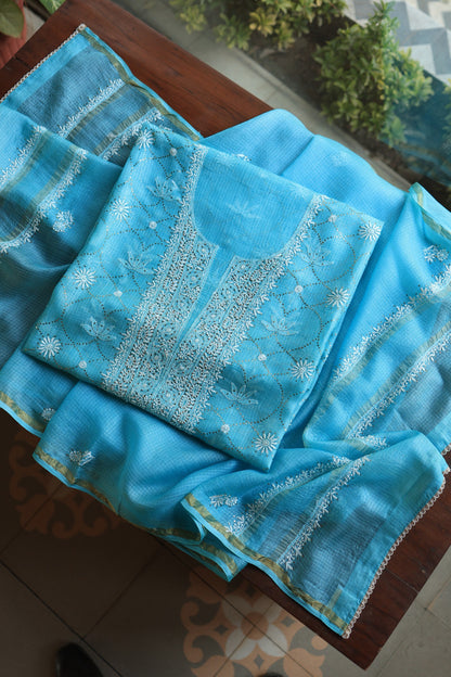 Turquoise Blue Rasm Kota Tussar Chikankari Unstitched Chikankari Fabric