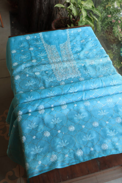 Turquoise Blue Rasm Kota Tussar Chikankari Unstitched Chikankari Fabric