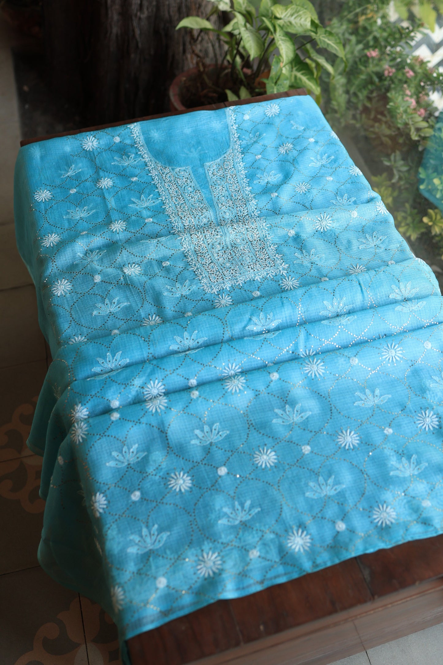Turquoise Blue Rasm Kota Tussar Chikankari Unstitched Chikankari Fabric