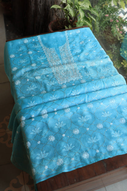 Turquoise Blue Rasm Kota Tussar Chikankari Unstitched Chikankari Fabric