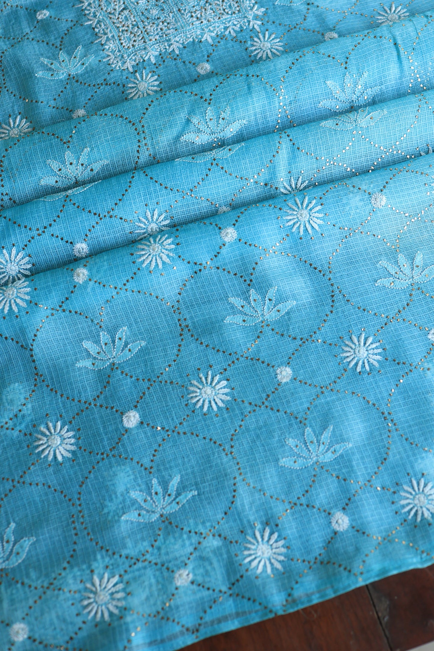 Turquoise Blue Rasm Kota Tussar Chikankari Unstitched Chikankari Fabric