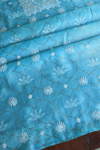 Turquoise Blue Rasm Kota Tussar Chikankari Unstitched Chikankari Fabric