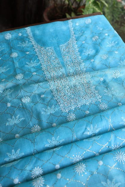 Turquoise Blue Rasm Kota Tussar Chikankari Unstitched Chikankari Fabric