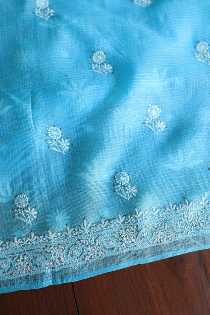 Turquoise Blue Rasm Kota Tussar Chikankari Unstitched Chikankari Fabric