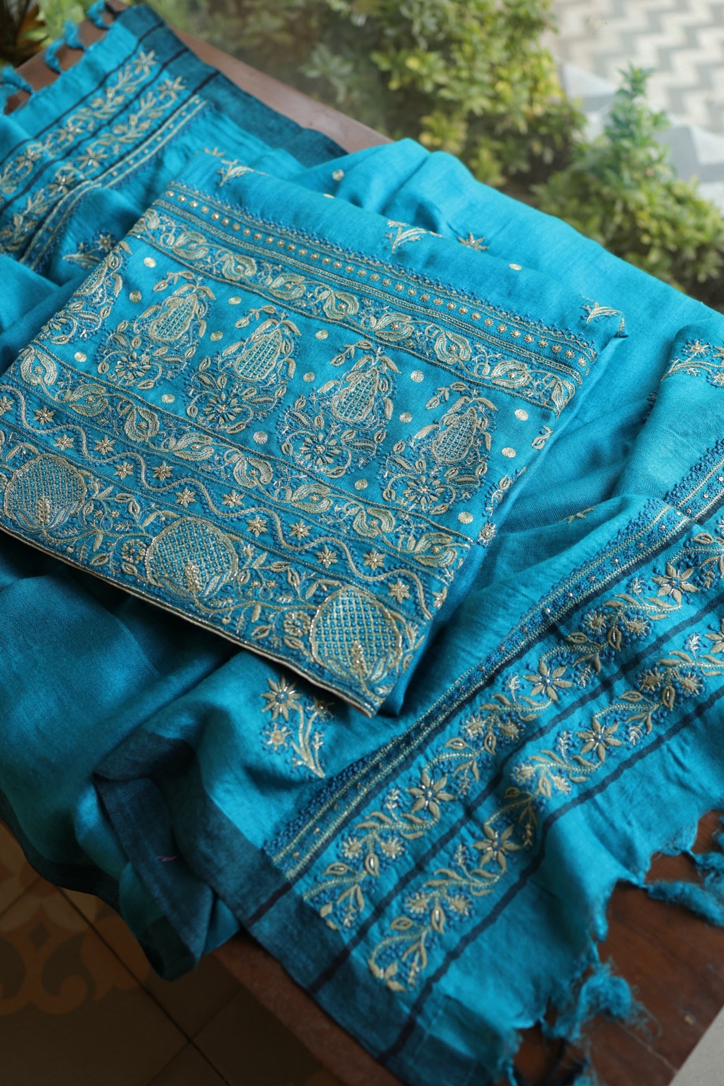 Turquoise Blue Shade Pashmina x Chikankari Fabrics