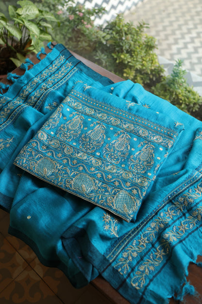 Turquoise Blue Shade Pashmina x Chikankari Fabrics