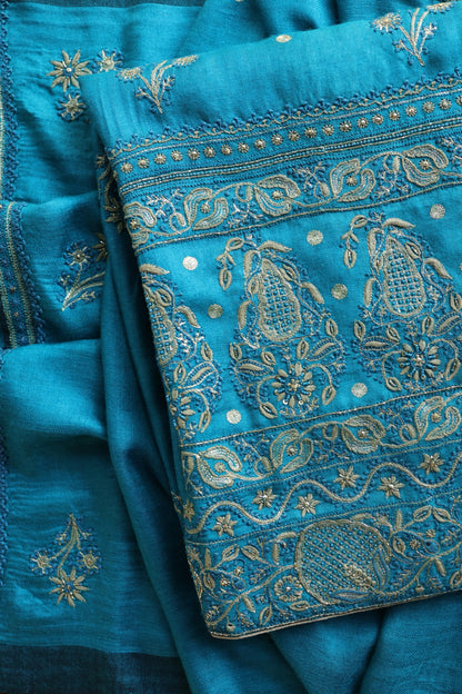 Turquoise Blue Shade Pashmina x Chikankari Fabrics