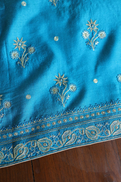 Turquoise Blue Shade Pashmina x Chikankari Fabrics