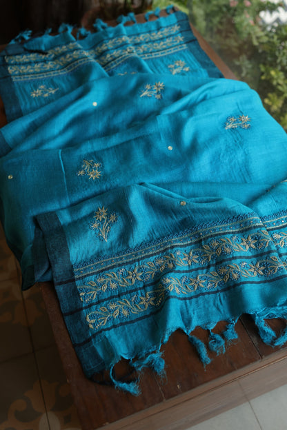 Turquoise Blue Shade Pashmina x Chikankari Fabrics