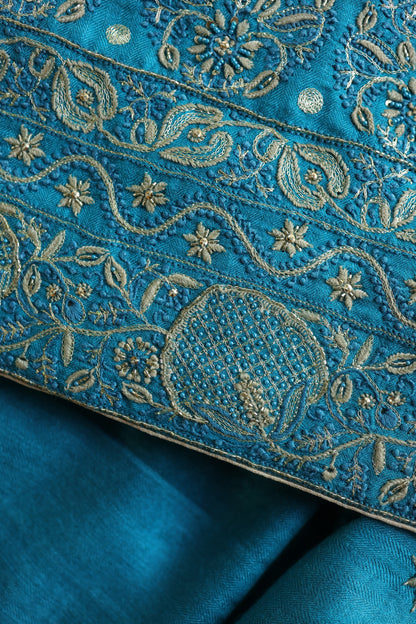 Turquoise Blue Shade Pashmina x Chikankari Fabrics