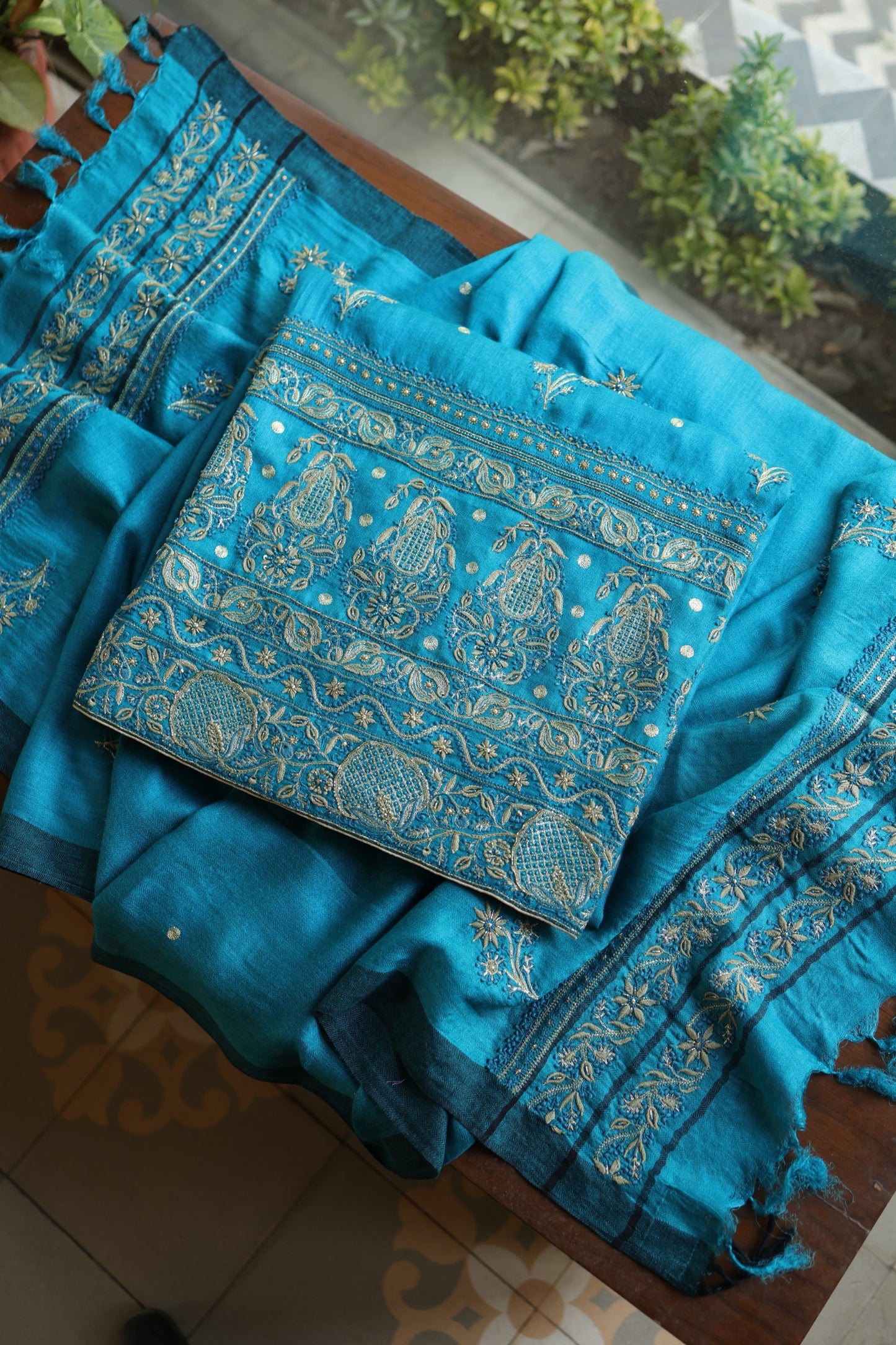 Turquoise Blue Shade Pashmina x Chikankari Fabrics
