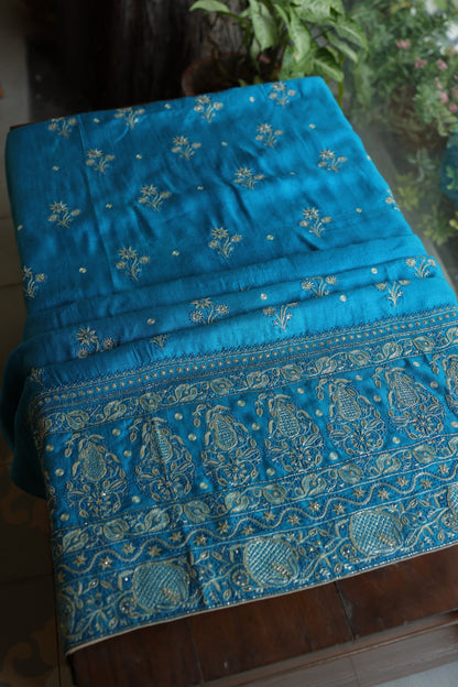 Turquoise Blue Shade Pashmina x Chikankari Fabrics