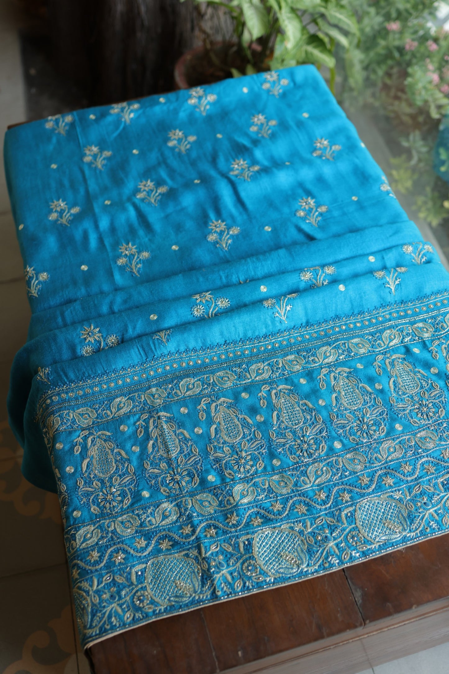 Turquoise Blue Shade Pashmina x Chikankari Fabrics