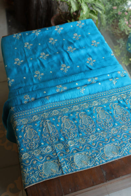 Turquoise Blue Shade Pashmina x Chikankari Fabrics