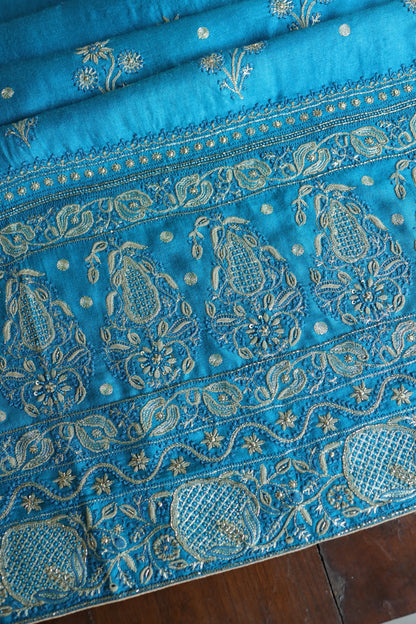 Turquoise Blue Shade Pashmina x Chikankari Fabrics
