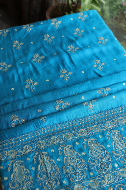 Turquoise Blue Shade Pashmina x Chikankari Fabrics