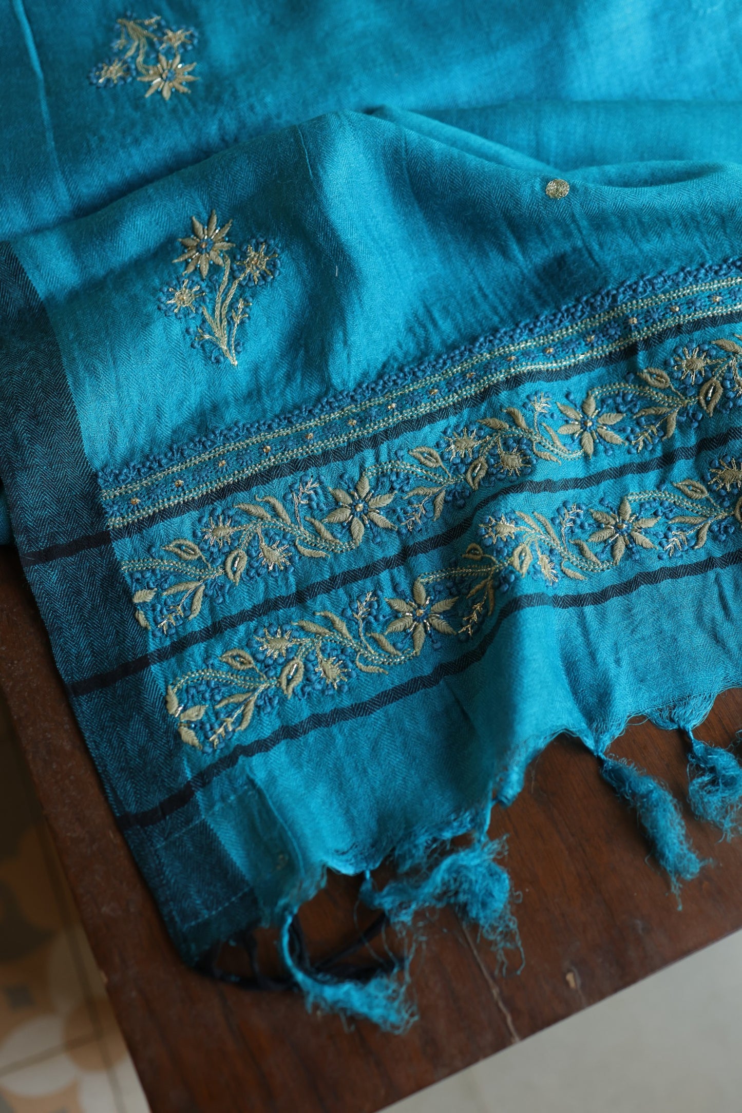 Turquoise Blue Shade Pashmina x Chikankari Fabrics