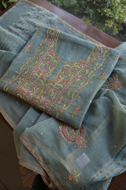 Turquoise Grey Shade Tissue Silk Chikankari Unstitched Fabric