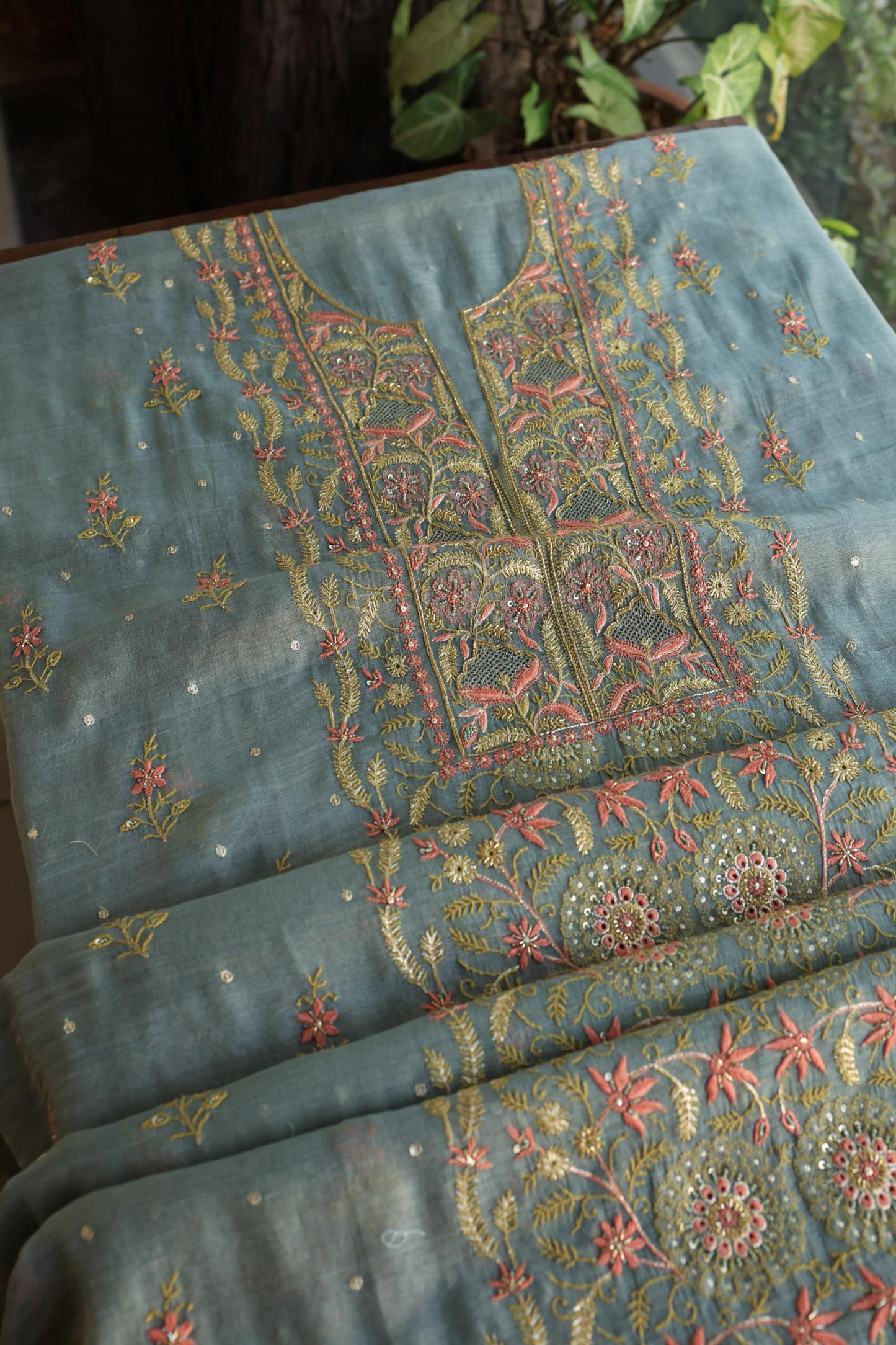 Turquoise Grey Shade Tissue Silk Chikankari Unstitched Fabric