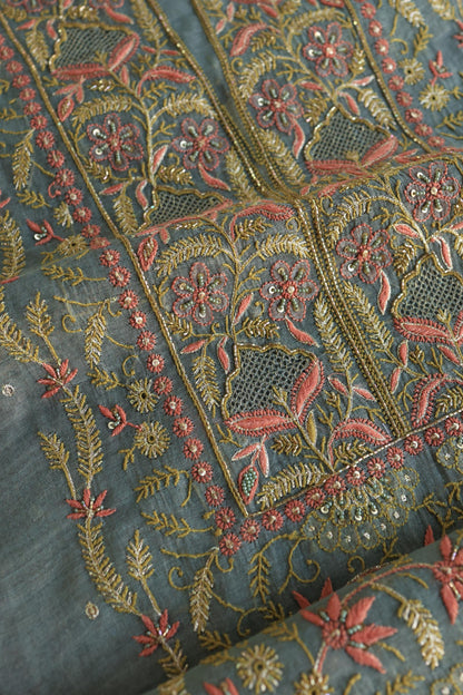 Turquoise Grey Shade Tissue Silk Chikankari Unstitched Fabric