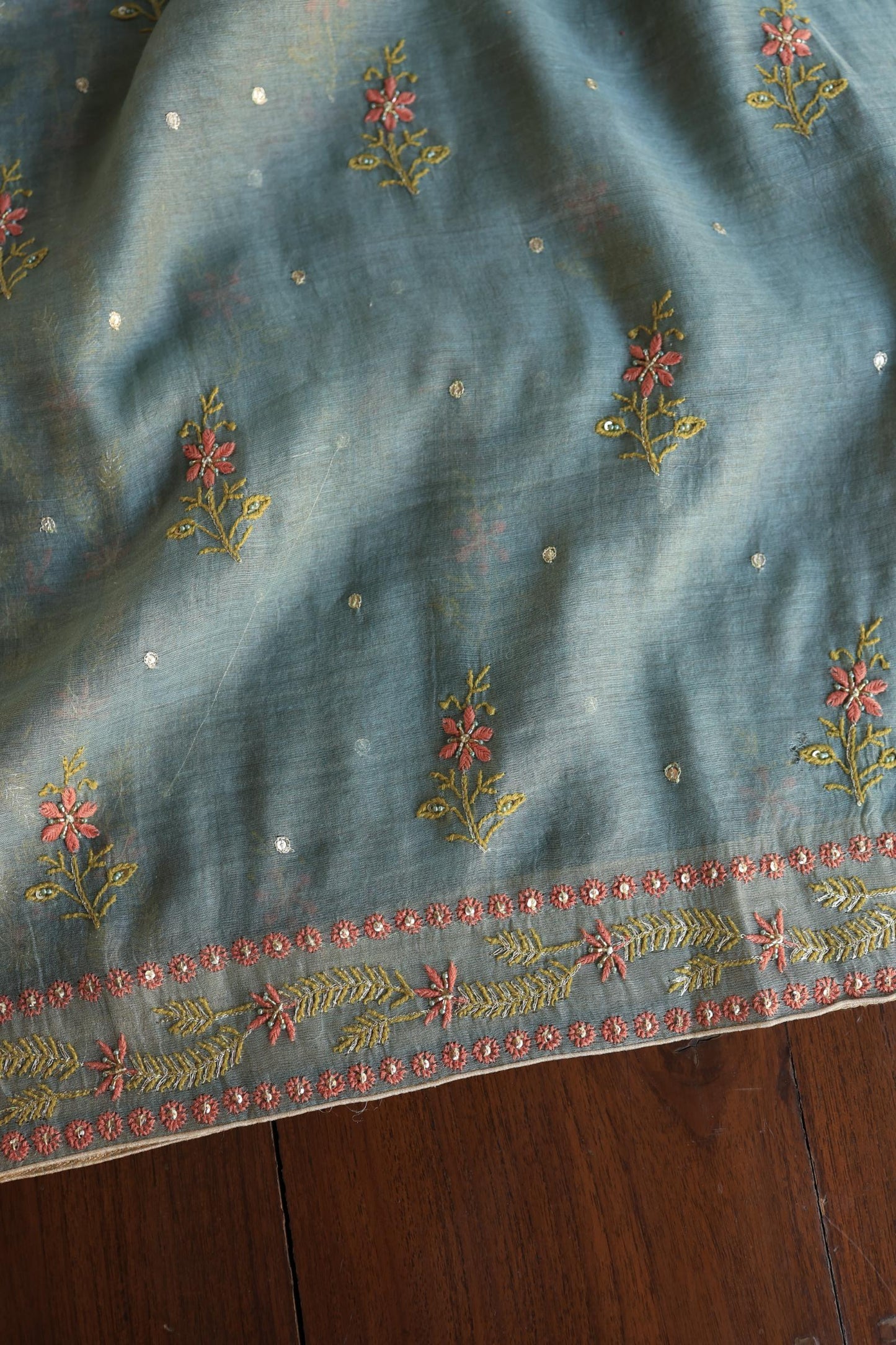 Turquoise Grey Shade Tissue Silk Chikankari Unstitched Fabric