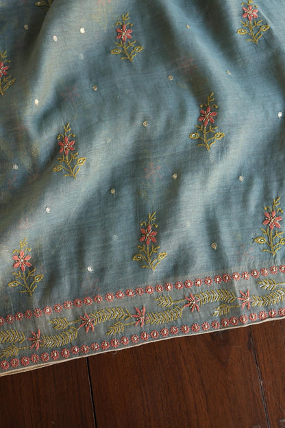 Turquoise Grey Shade Tissue Silk Chikankari Unstitched Fabric