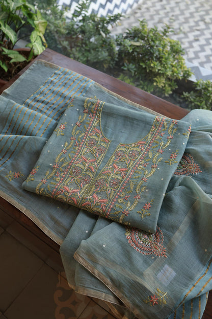 Turquoise Grey Shade Tissue Silk Chikankari Unstitched Fabric