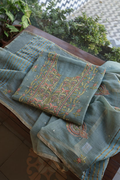 Turquoise Grey Shade Tissue Silk Chikankari Unstitched Fabric